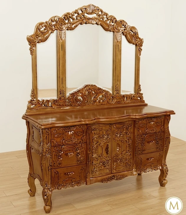 Light Mahogany French Rococo Vanity Mirror Dresser