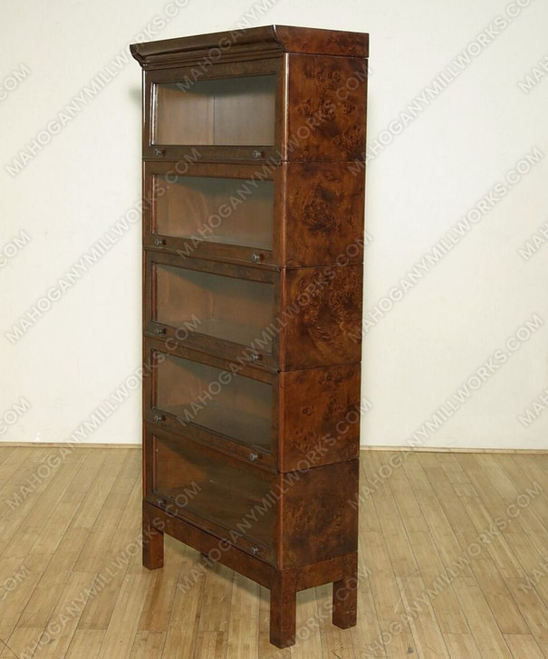 Mahogany & Mappa Burl 3 Section Bunching Barrister Bookcase w/ Leaded Glass