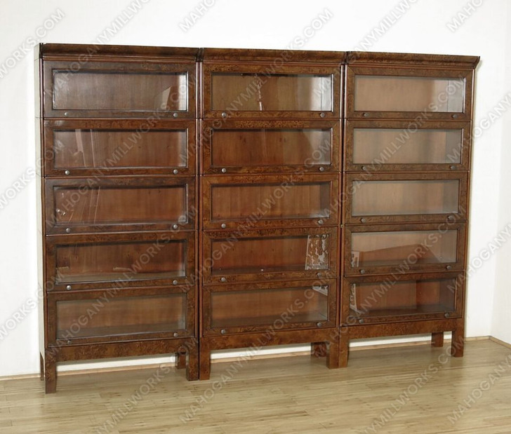 Mahogany & Mappa Burl 3 Section Bunching Barrister Bookcase w/ Leaded Glass