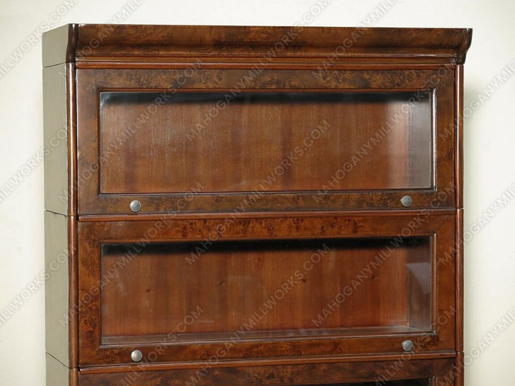 Mahogany & Mappa Burl 3 Section Bunching Barrister Bookcase w/ Leaded Glass