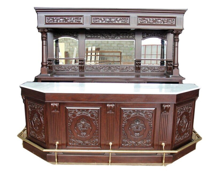 8ft Mahogany Victorian Marble Top Pub Bar w Rails