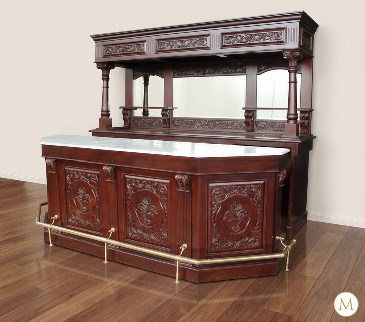 8ft Victorian Marble Top Pub Bar w Rails