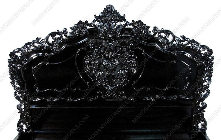 Glossy Black French Rococo Carved Panel Bed