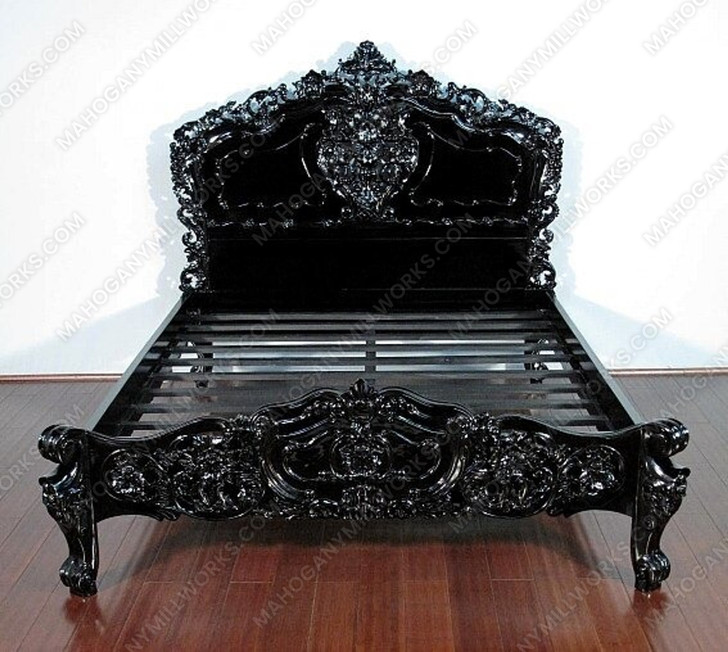 Glossy Black French Rococo Carved Panel Bed