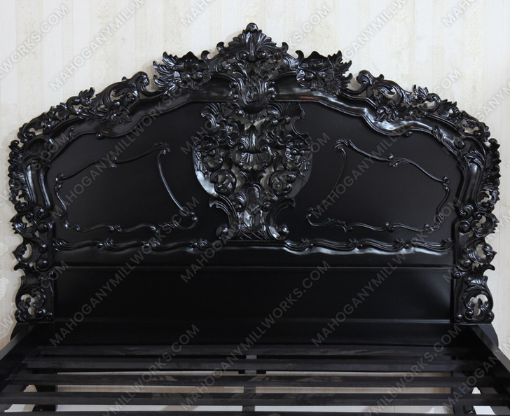 Glossy Black French Rococo Carved Panel Bed