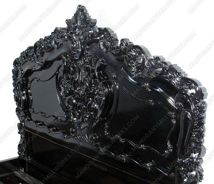 Glossy Black French Rococo Carved Panel Bed
