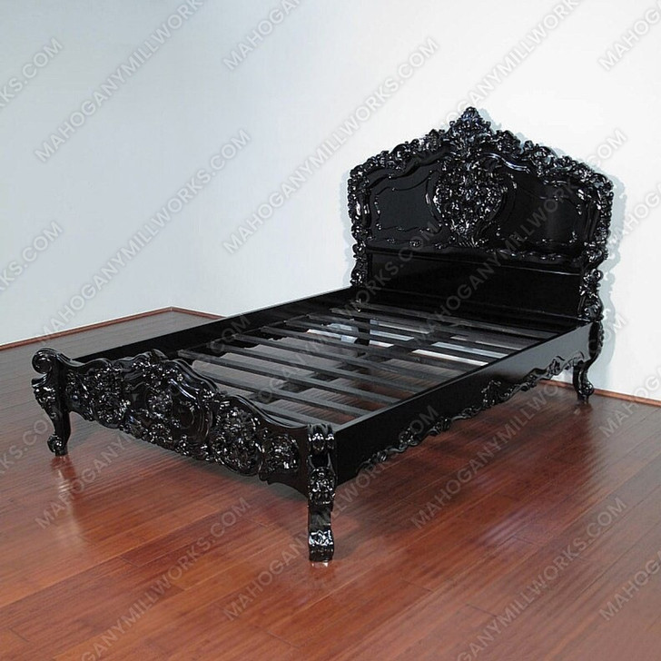 Glossy Black French Rococo Carved Panel Bed