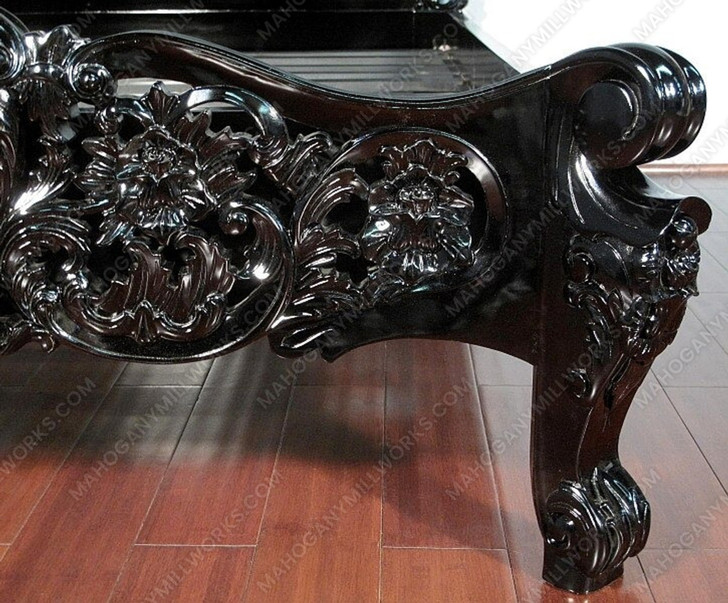 Glossy Black French Rococo Carved Panel Bed