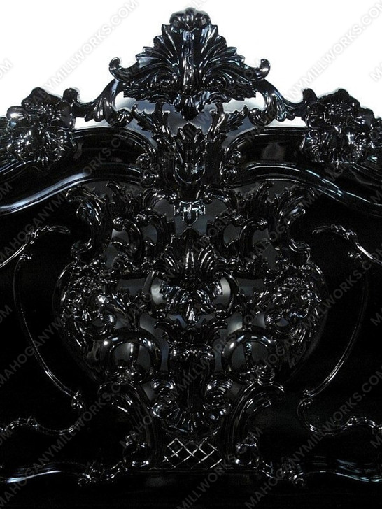 Glossy Black French Rococo Carved Panel Bed