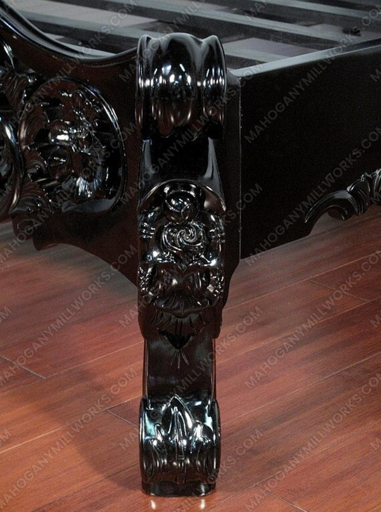 Glossy Black French Rococo Carved Panel Bed