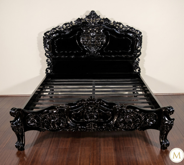Glossy Black French Rococo Carved Panel Bed