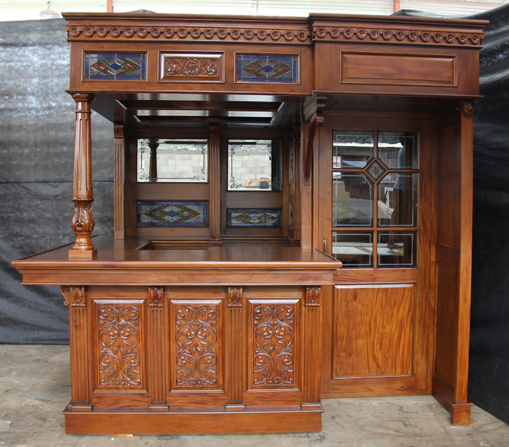 8.5ft Mahogany Walk-in Canopy Pub Bar w/ Stained Glass Ceiling
