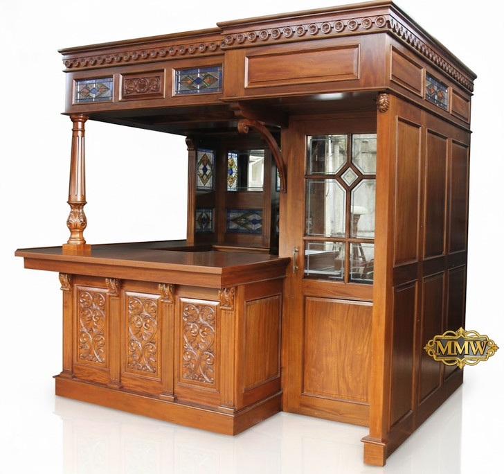 8.5ft Mahogany Walk-in Canopy Pub Bar w/ Stained Glass Ceiling