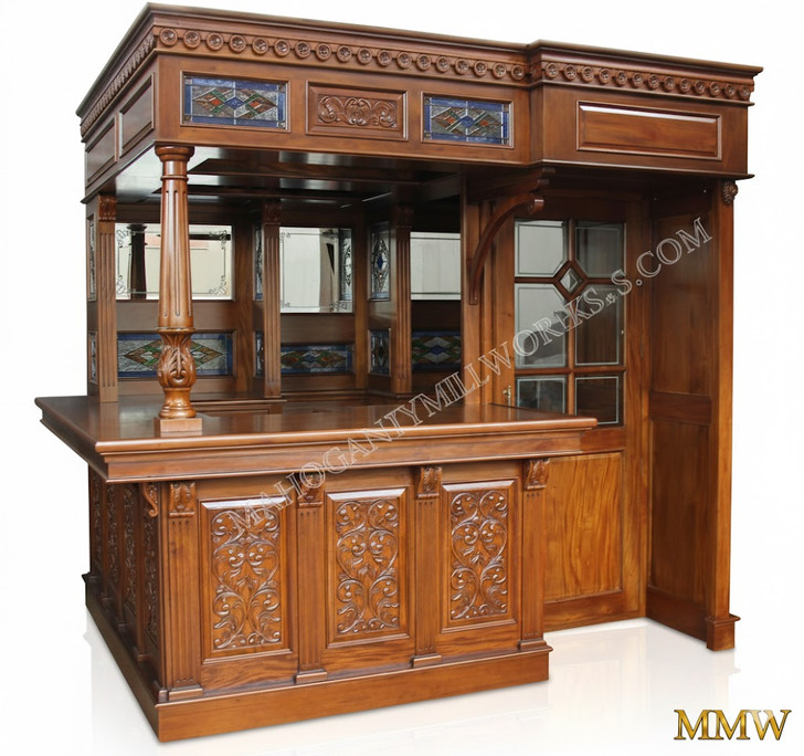 8.5ft Mahogany Walk-in Canopy Pub Bar w/ Stained Glass Ceiling