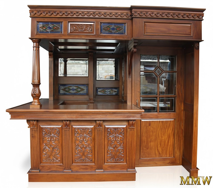 8.5ft Mahogany Walk-in Canopy Pub Bar w/ Stained Glass Ceiling