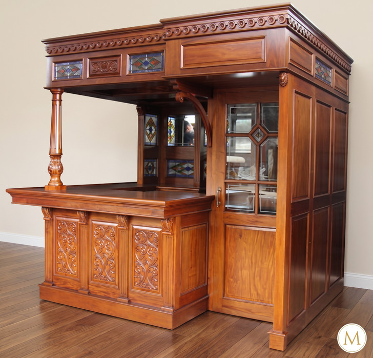 8.5ft Mahogany Walk-in Canopy Pub Bar w/ Stained Glass Ceiling