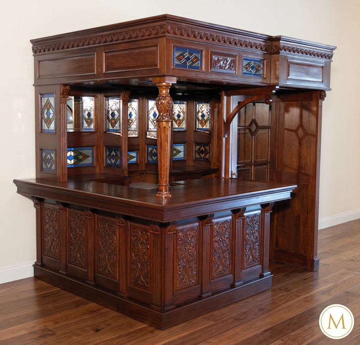 8.5ft Mahogany Walk-in Canopy Pub Bar w/ Stained Glass Ceiling
