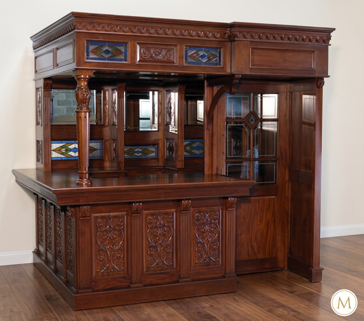 8.5ft Mahogany Walk-in Canopy Pub Bar w/ Stained Glass Ceiling