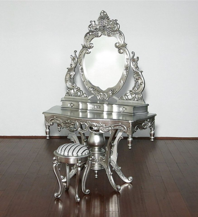 Silver Leaf French Rococo Make-up Vanity w/ Stool