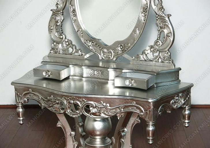 Silver Leaf French Rococo Make-up Vanity w/ Stool