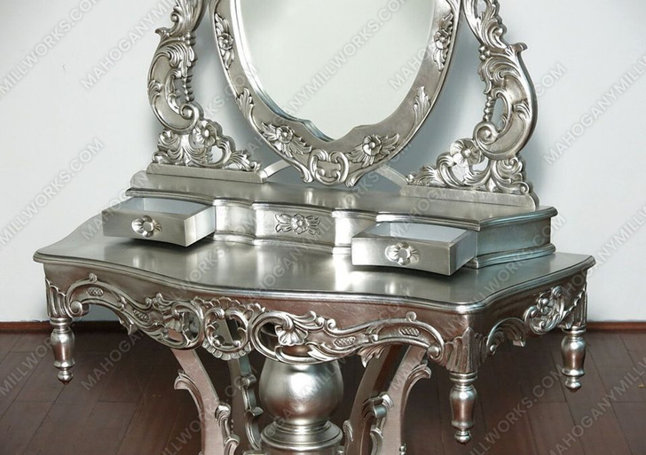 Silver Leaf French Rococo Make-up Vanity w/ Stool