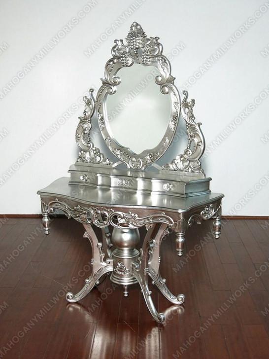 Silver Leaf French Rococo Make-up Vanity w/ Stool