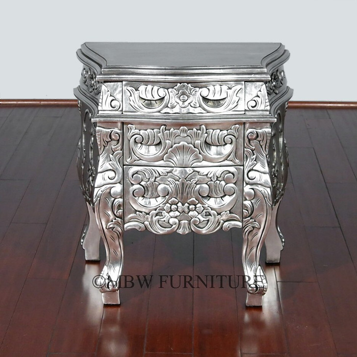 Silver Leaf Rococo Nightstand / Bedside Table / Chest
