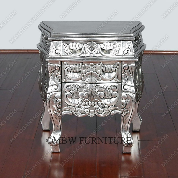 Silver Leaf Rococo Nightstand / Bedside Table / Chest