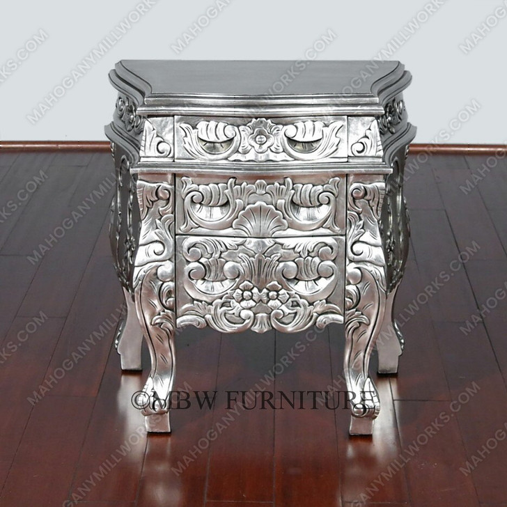 Silver Leaf Rococo Nightstand / Bedside Table / Chest