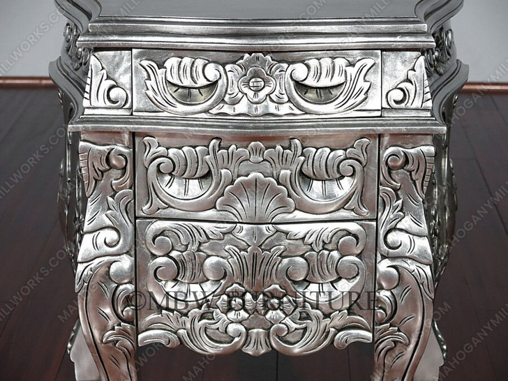 Silver Leaf Rococo Nightstand / Bedside Table / Chest