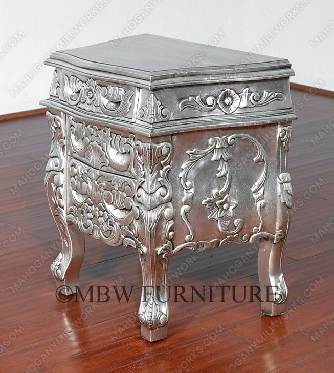 Silver Leaf Rococo Nightstand / Bedside Table / Chest