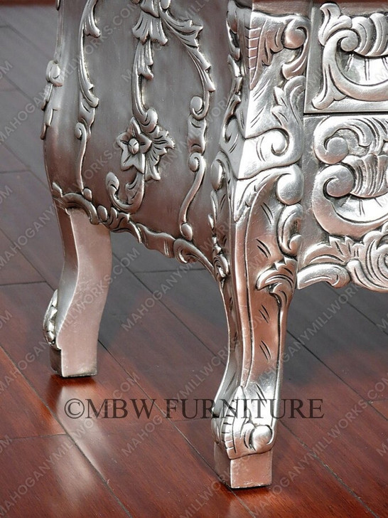 Silver Leaf Rococo Nightstand / Bedside Table / Chest