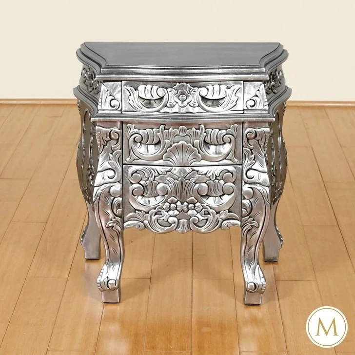 Silver Leaf Rococo Nightstand / Bedside Table / Chest