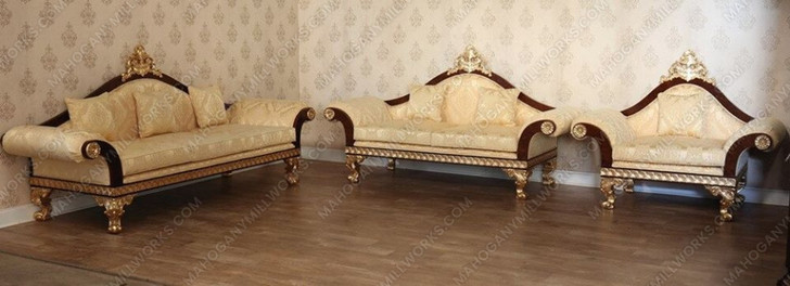 3pc Dark Burl Inlay & Gold Leaf Living Room Sofa Set