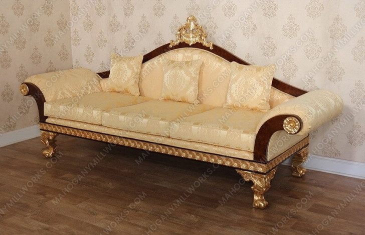 Dark Burl Gold Leaf Traditional Upholstered Sofa w/ Pillows