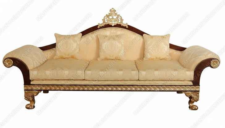 Dark Burl Gold Leaf Traditional Upholstered Sofa w/ Pillows