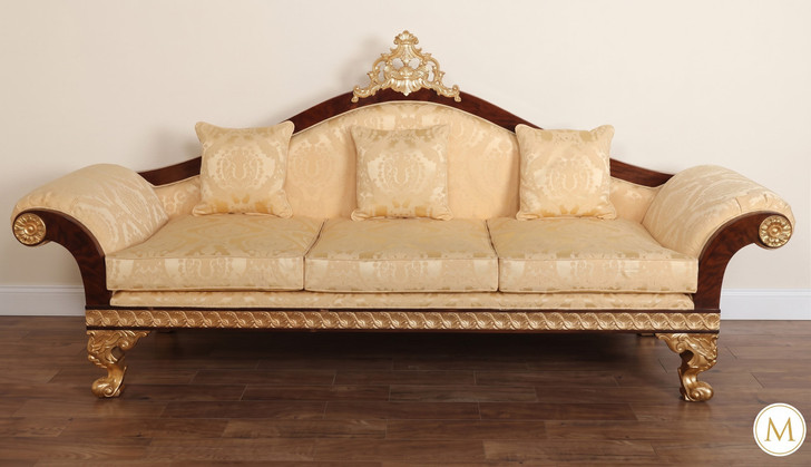 Dark Burl Gold Leaf Traditional Upholstered Sofa w/ Pillows