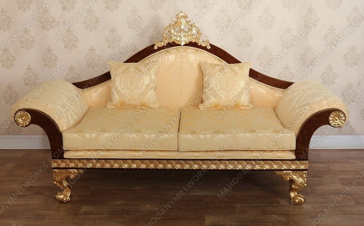 Dark Burl Gold Leaf Traditional Upholstered Loveseat w/ Pillows