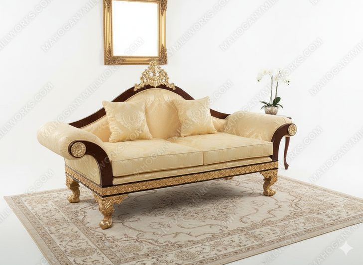 Dark Burl Gold Leaf Traditional Upholstered Loveseat w/ Pillows