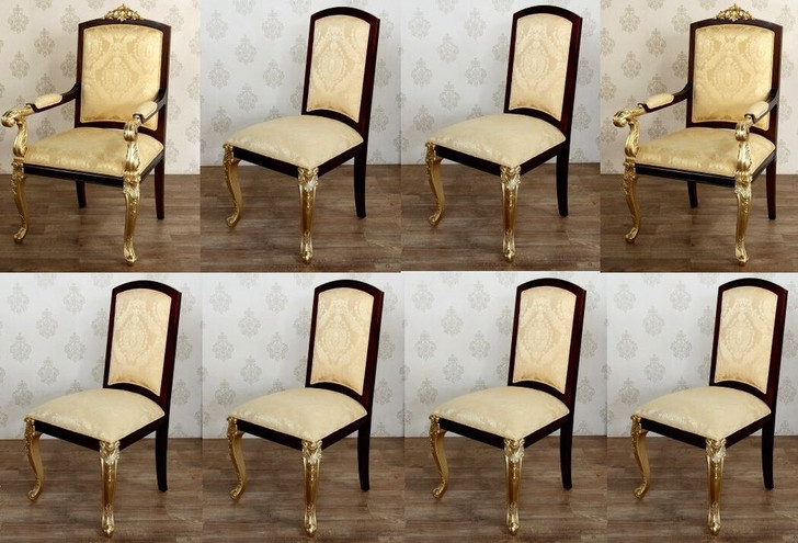 Set 8 Walnut & Gold French Style Upholstered Ornate Dining Chairs