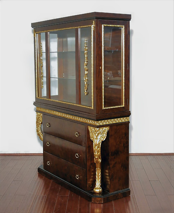 Dark Burl & Gold Leaf Inlay China Cabinet ~