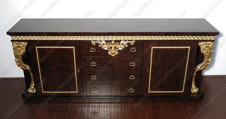 Dark Burl & Gold Leaf Fancy Lebois Inlay Sideboard w/ Mirror