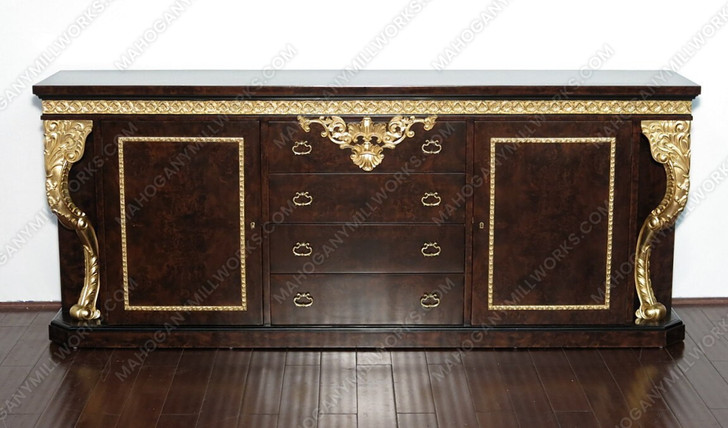 Dark Burl & Gold Leaf Fancy Lebois Inlay Sideboard w/ Mirror
