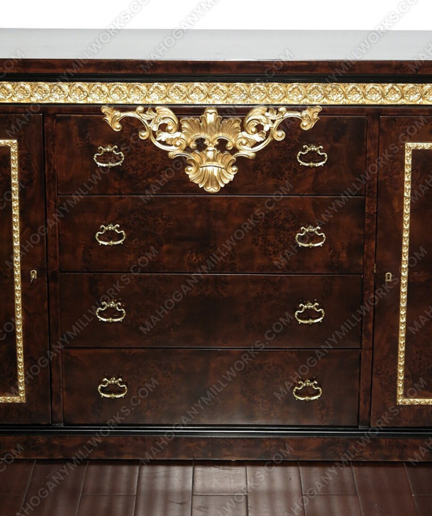 Dark Burl & Gold Leaf Fancy Lebois Inlay Sideboard w/ Mirror