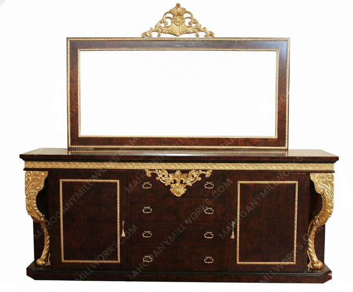 Dark Burl & Gold Leaf Fancy Lebois Inlay Sideboard w/ Mirror