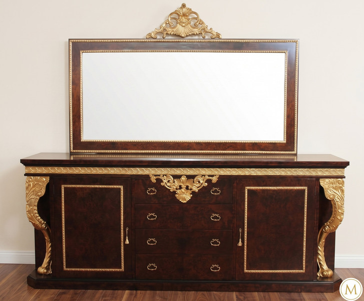 Dark Burl & Gold Leaf Fancy Lebois Inlay Sideboard w/ Mirror