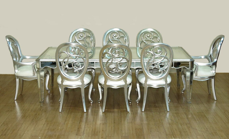 8ft Silver Leaf Mirrored Dining Table w/ 2 Leaves