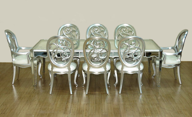 9 Pc 8Ft Silver Leaf Mirrored Rectangular Table w/ 8 Chairs Dining Set