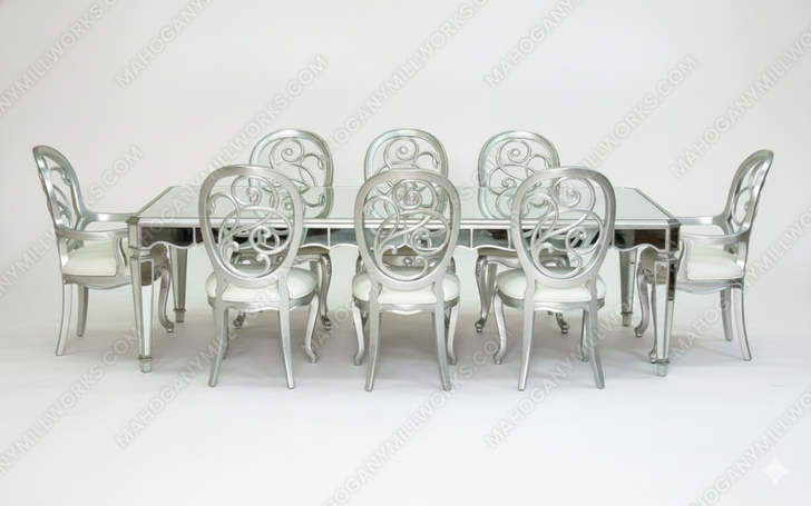 9 Pc Silver Leaf Mirrored Dining Set