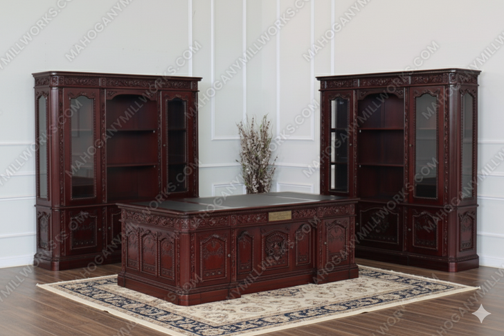 2pc Dark Mahogany Presidential Resolute Office Desk Set w/ Bookcase